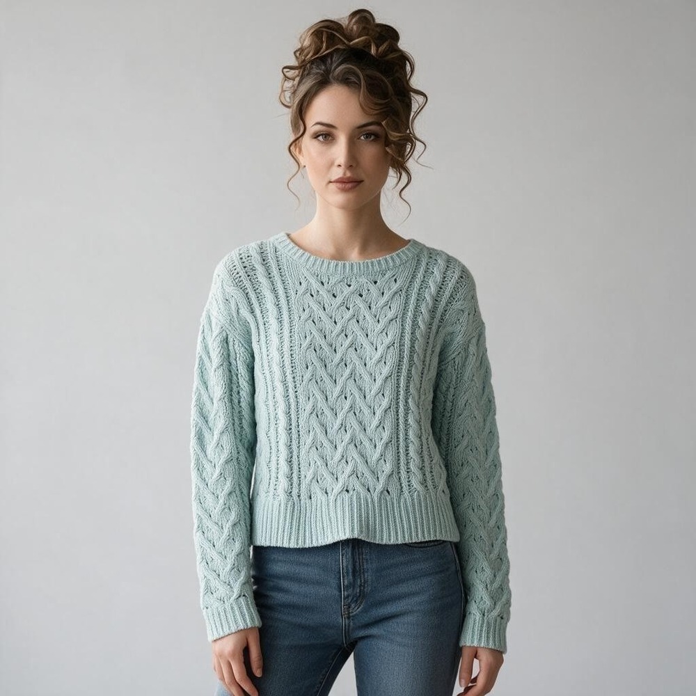Aero Hygge Women S Mint Green Chenille Cable Knit Sweater Crew Neck Relaxed Fit